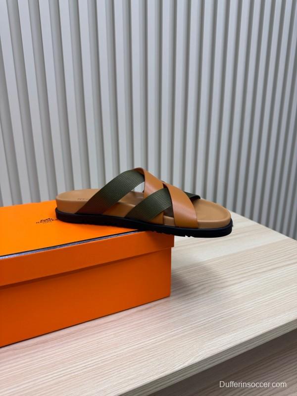 2025 Slippers Hermès Brown Green Leather Fabric Slippers