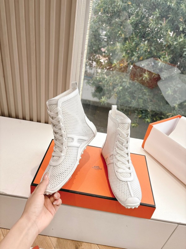2025 Women Hermès White Leather Mesh Ankle Boots