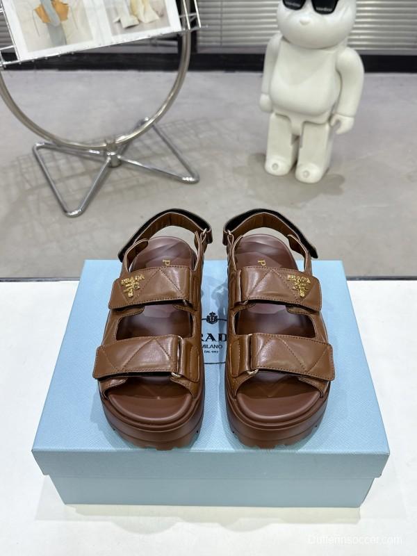 2025 Women Prada Brown Leather Sandals
