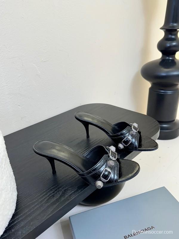 2025 Women Balenciaga Black Leather High Heel Metal Decoration KFY00290
