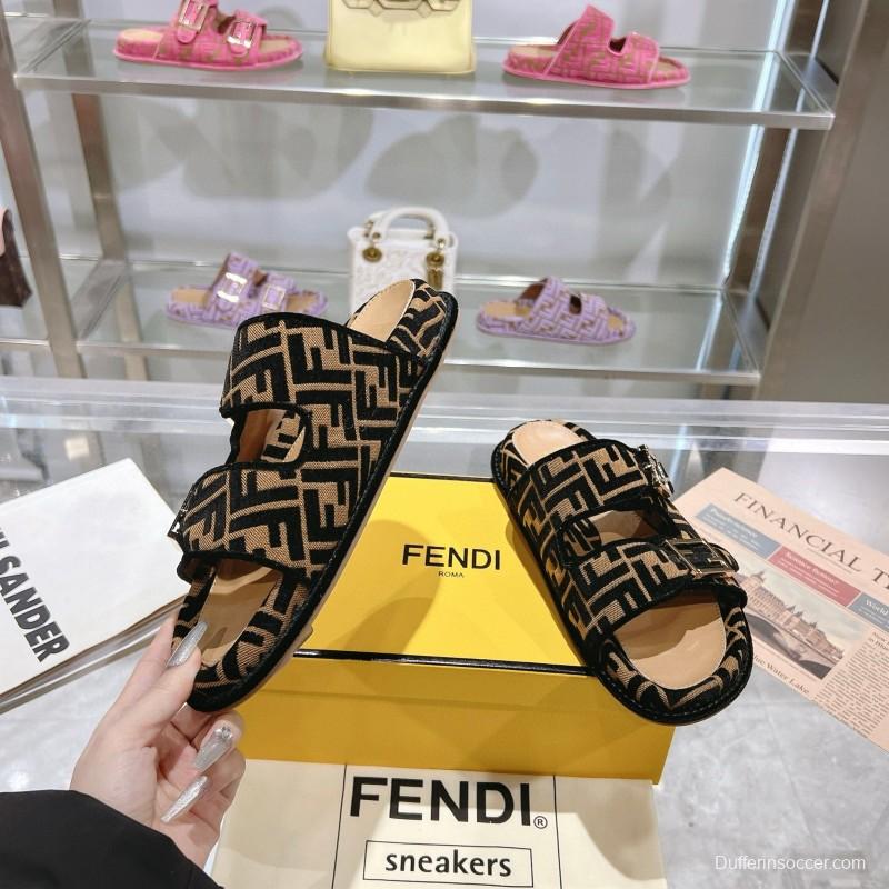 2025 Fendi Black Beige Jacquard Fabric Leather Slippers