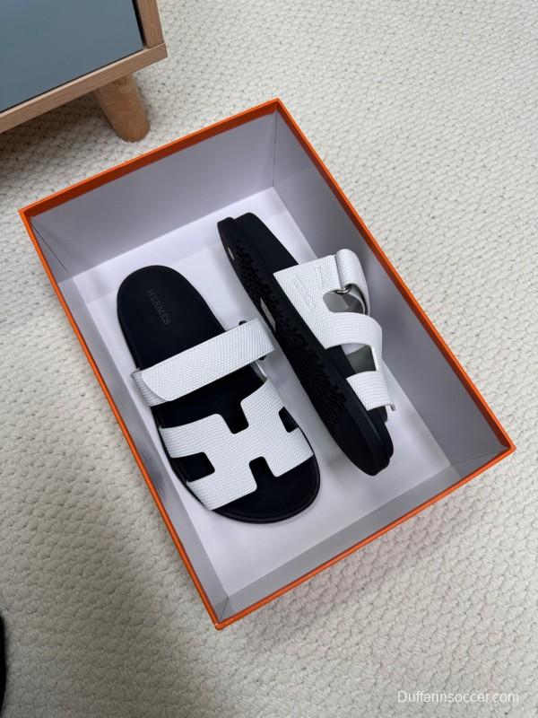 2025 Women Hermès White Black Leather Slippers