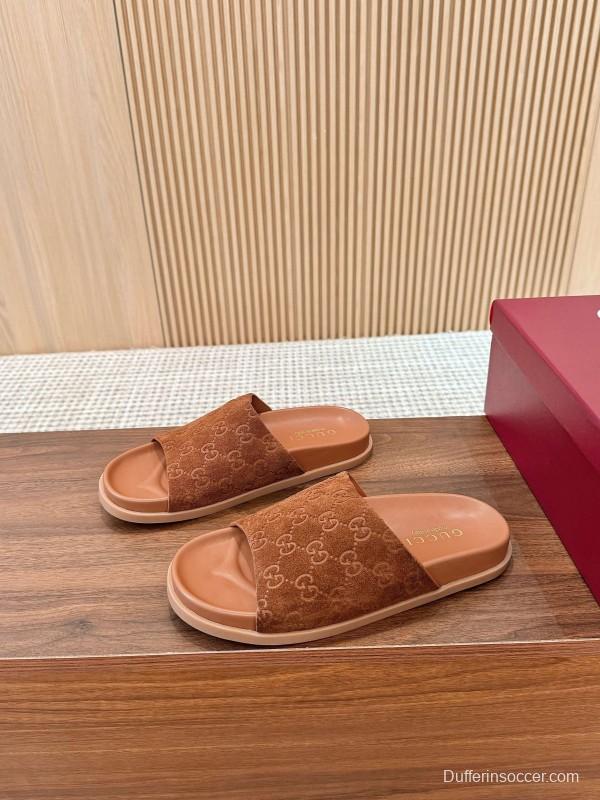 2025 Women Gucci Brown Suede Leather Slippers