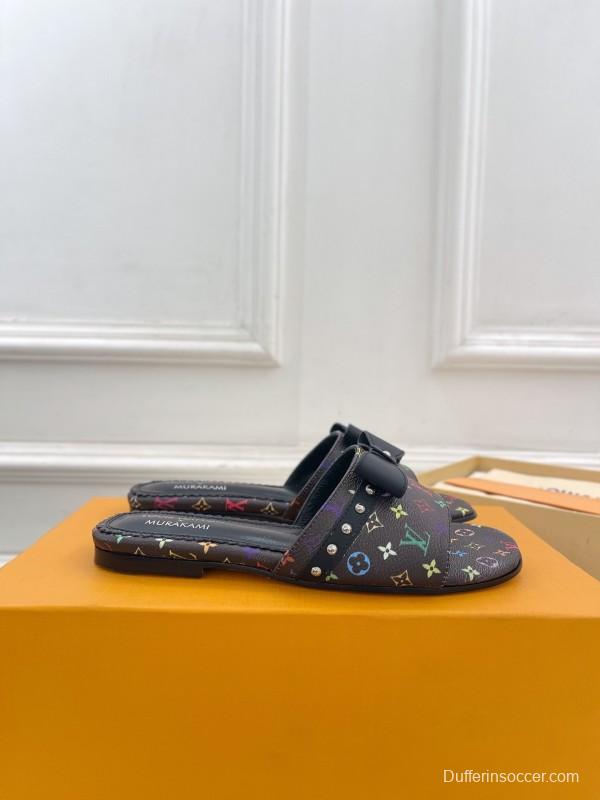 2025 Slippers Louis Vuitton Black Multicolor Monogram Leather Bow KFY00290