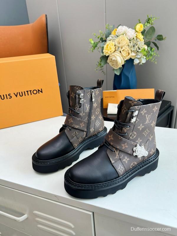 2024 Women Louis Vuitton Brown Black Leather Ankle Boots MJ00310
