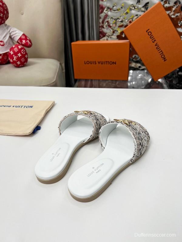 2025 Women Louis Vuitton White Tweed Leather Slippers LY00210