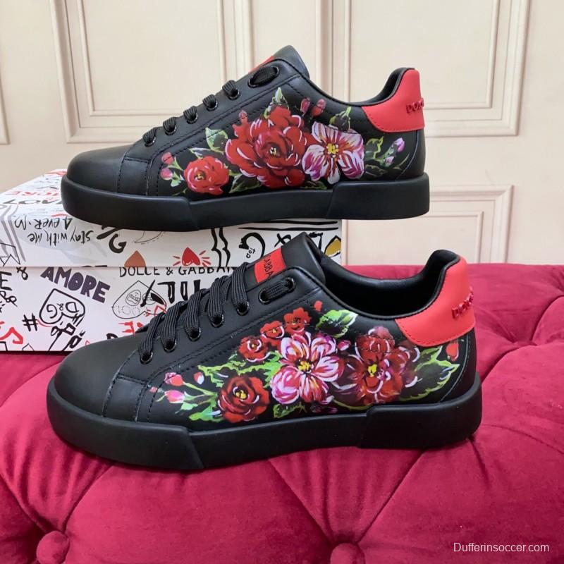 2025 Women Dolce & Gabbana Black Red Leather Sneakers Floral LY00300