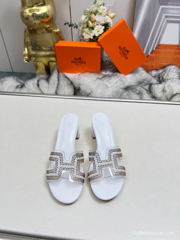 2025 Herme* White Leather Slippers Classic H Pattern MJ00180/215