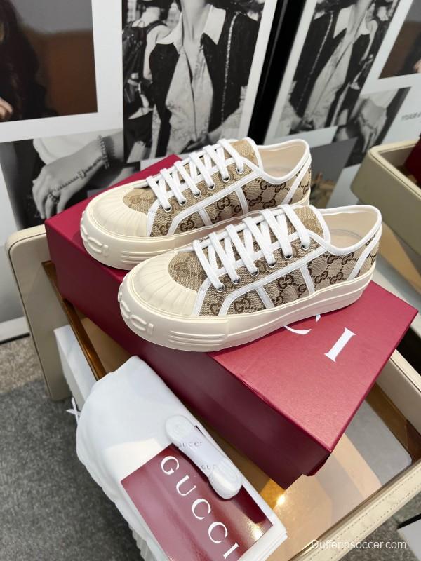 2025 Women Gucci Beige Brown Canvas Platform Sneakers Non-heritage Layered Stitching LY00270