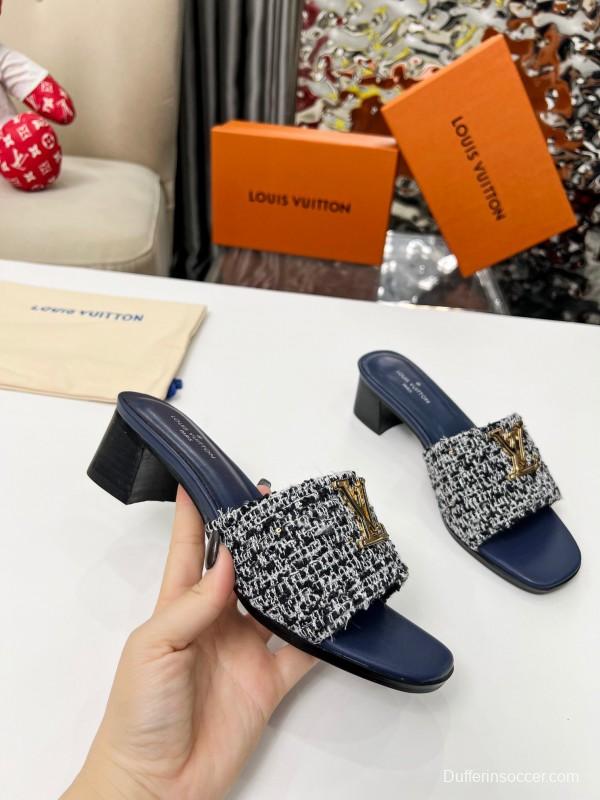 2025 Women Louis Vuitton Navy White Tweed Leather Heeled Sandals LY00220