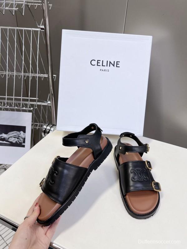 2025 Women Celine Black Leather Sandals Buckle KFY00280