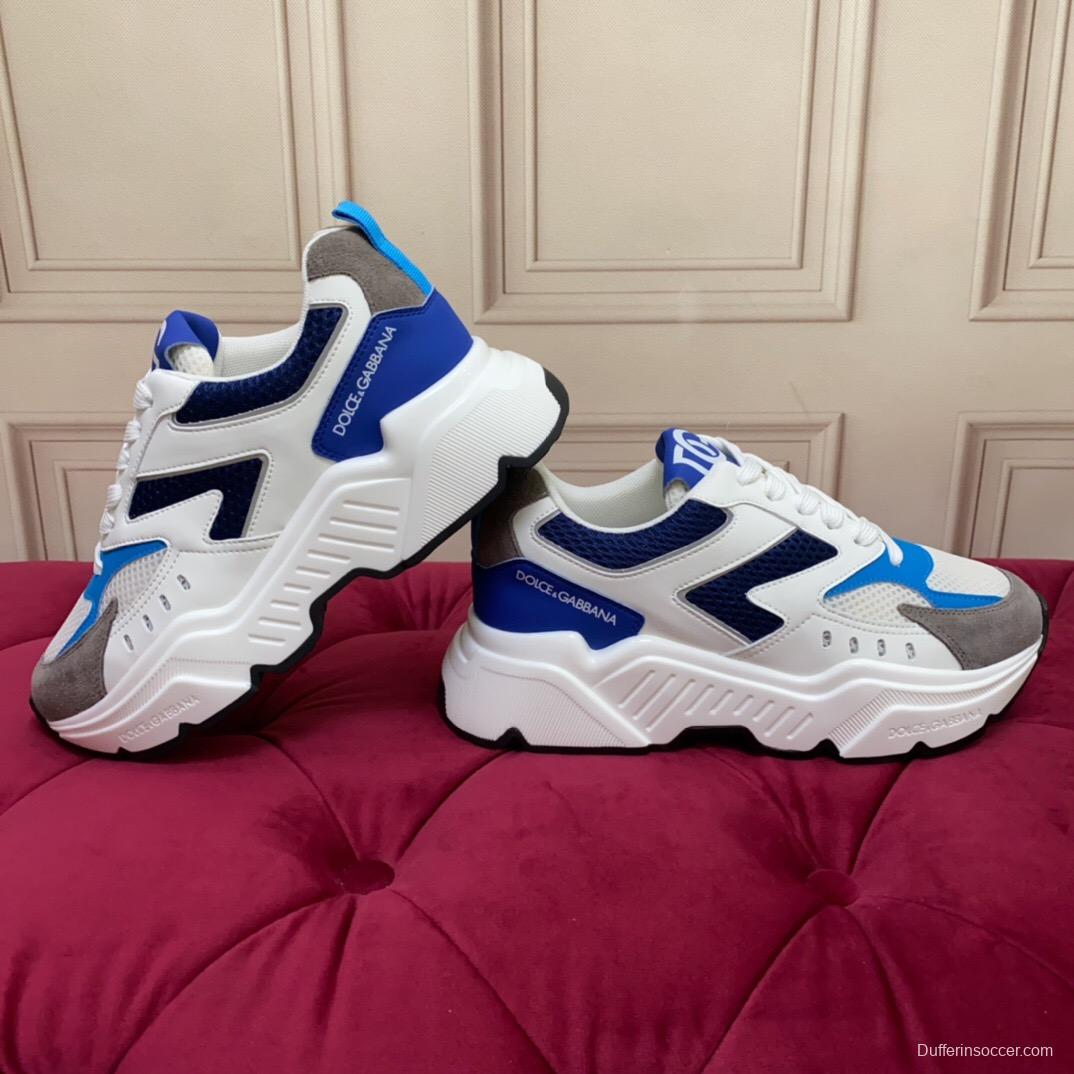 2025 Unisex Dolce & Gabbana White Blue Grey Mesh Leather Sneakers LY00330(F)/LY00340(M)
