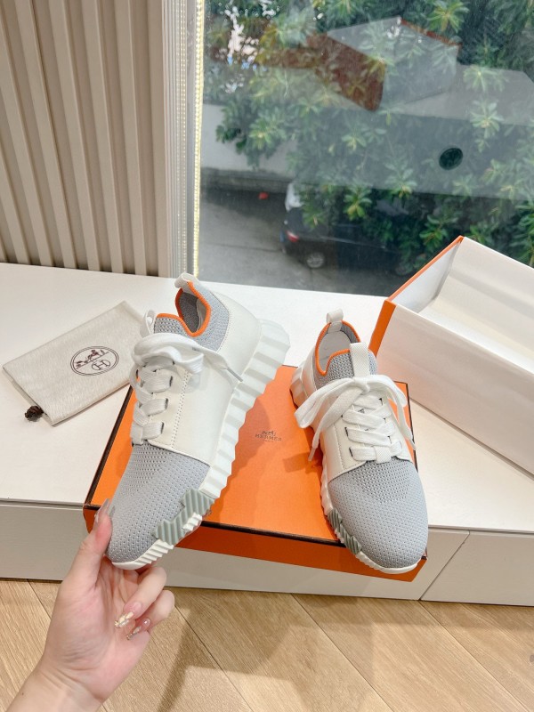 2024 Unisex Hermès Gray White Orange Calf Leather Suede Knit Sneakers MJ00290