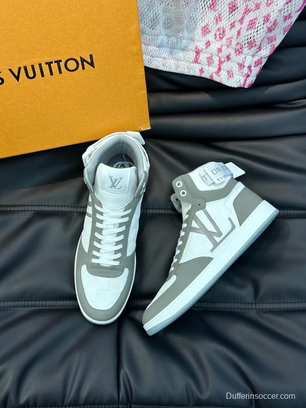 2024 Men Louis Vuitton White Grey Leather Canvas High Top Classic Sneakers MJ00420