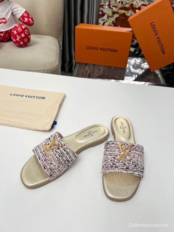 2025 Women Louis Vuitton Pink White Gold Fabric Leather Slippers