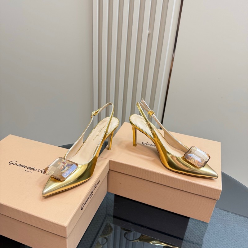 2025 Women Gianvito Rossi Gold Leather Slingback Gemstone KFY00300