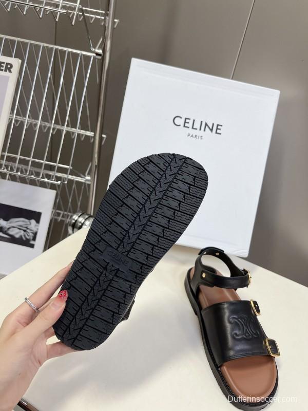 2025 Women Celine Black Leather Sandals Buckle KFY00280