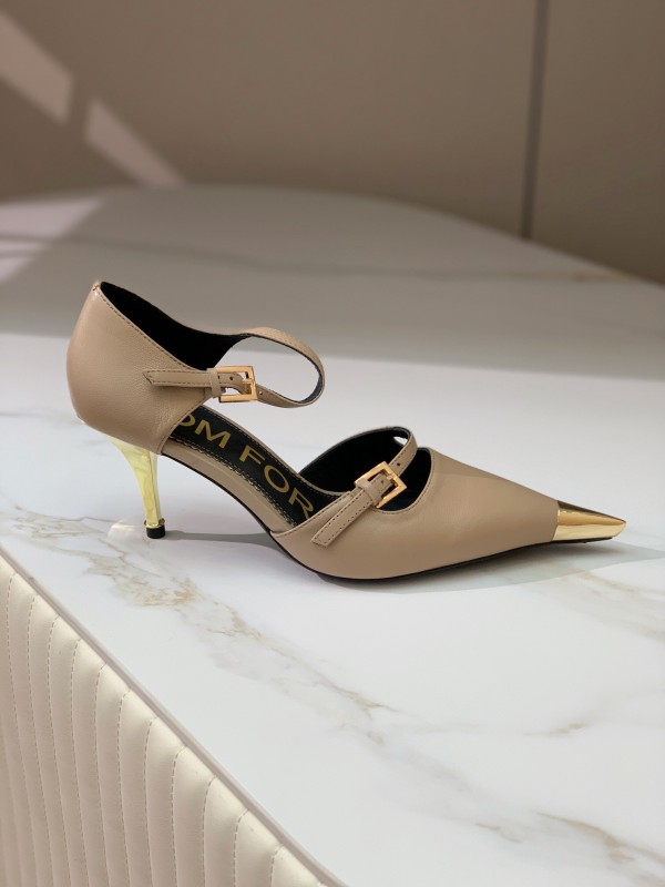 2025 Women TOM FORD Beige Leather Pointed Toe Metal Tip Pumps KFY00320