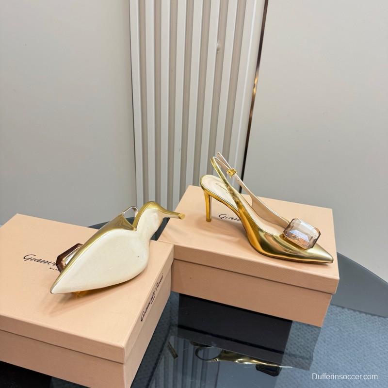 2025 Women Gianvito Rossi Gold Leather Slingback Gemstone KFY00300