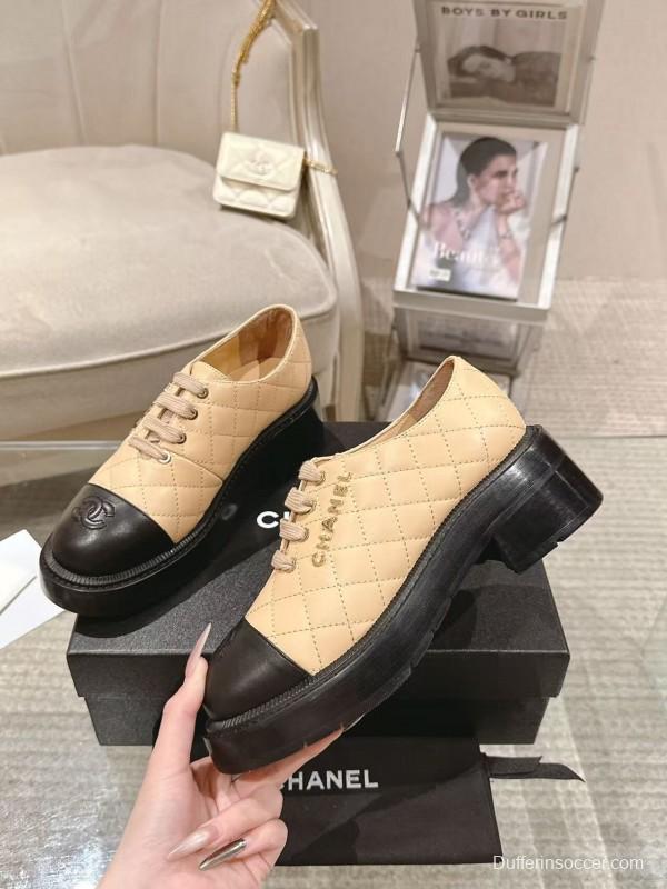 2025 Women Chanel Beige Black Leather Platform Oxford B2099