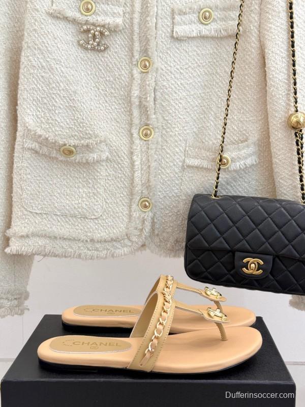 2025 Women Chanel Beige Lambskin Chain Toe Post Sandals KFY00250