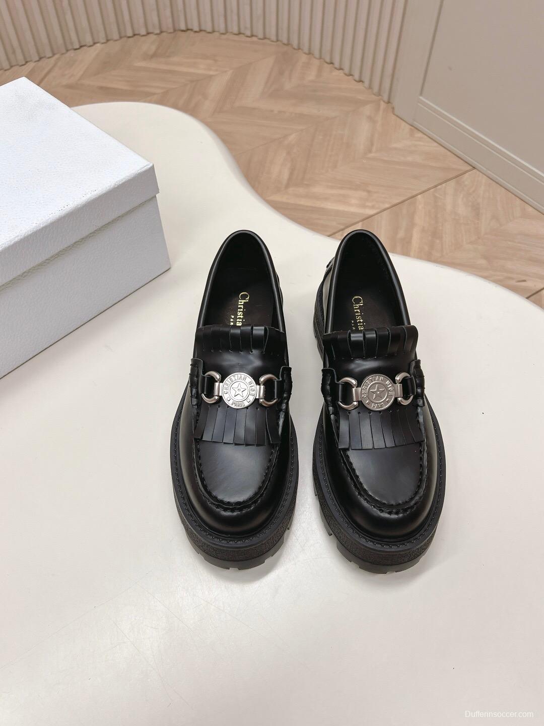 2025 Women Dior Black Leather Loafers KFY00350