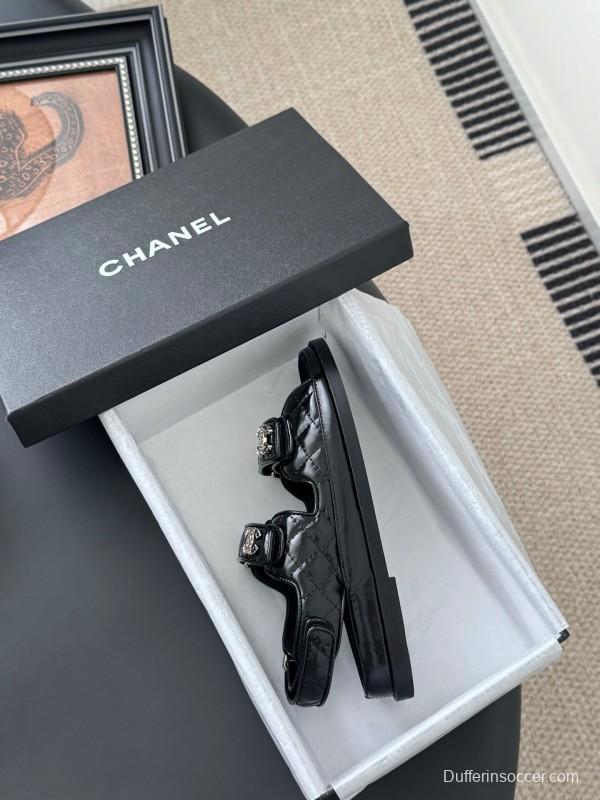 2025 Women Chanel Black Patent Leather Sandals LY00320