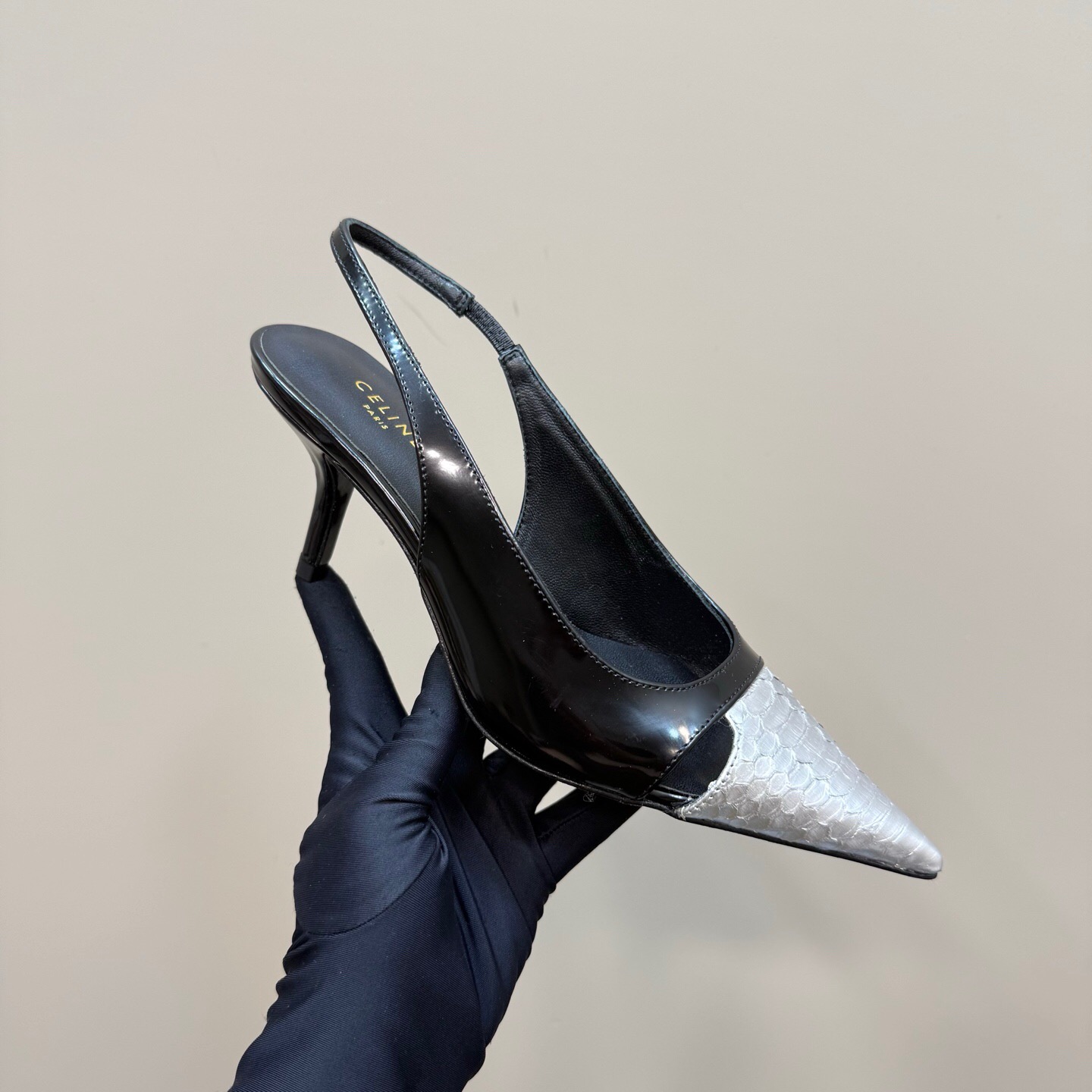 2025 Women CELINE Black White Leather Slingback Heels KFY00310