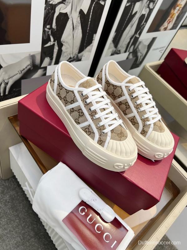 2025 Women Gucci Beige Brown Canvas Platform Sneakers Non-heritage Layered Stitching LY00270