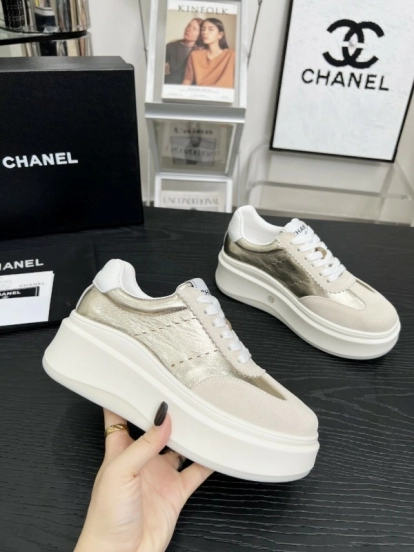 2025 Women Chanel Beige Gold Leather Suede Sneakers LY00290