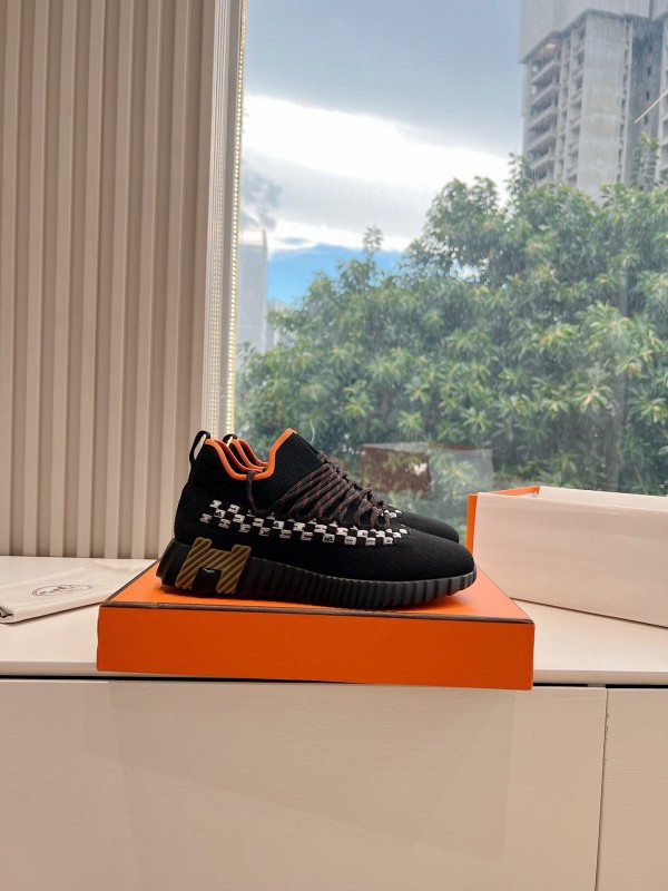 2024 Unisex Hermès Black Orange Calf Suede Knit Sneakers MJ00290(W/M)