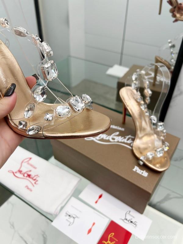 2025 Women Christian Louboutin Gold PVC Crystal High Heel Sandals LY00300