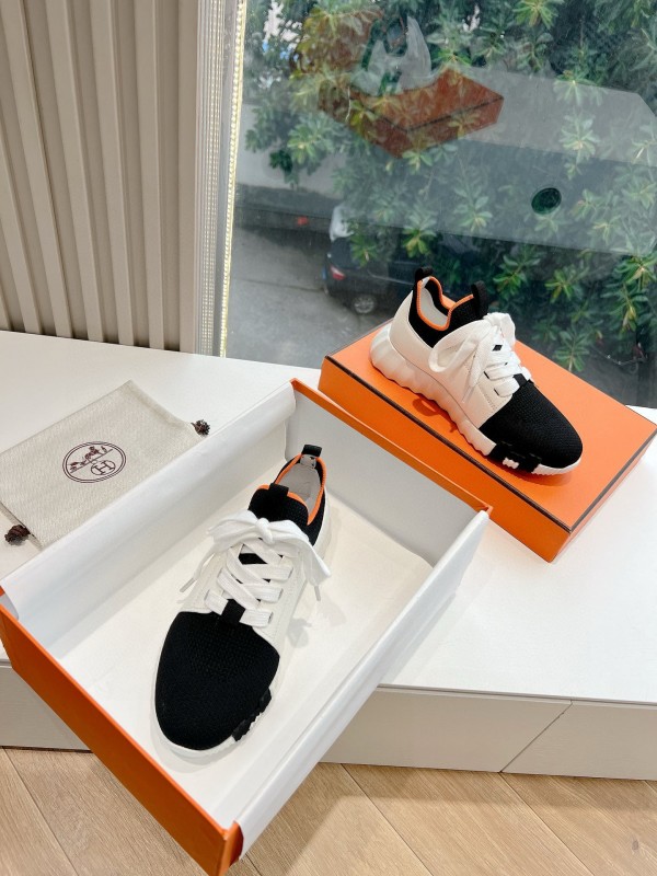 2024 Unisex Hermès Black White Orange Calf Leather Suede Knit Sneakers MJ00290