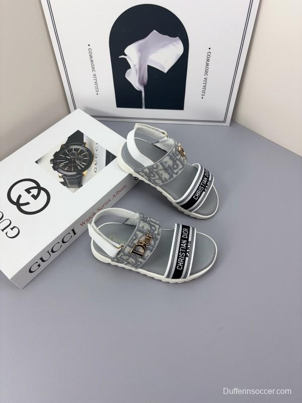 2025 Kids Dior Gray Black Canvas Leather Sandals