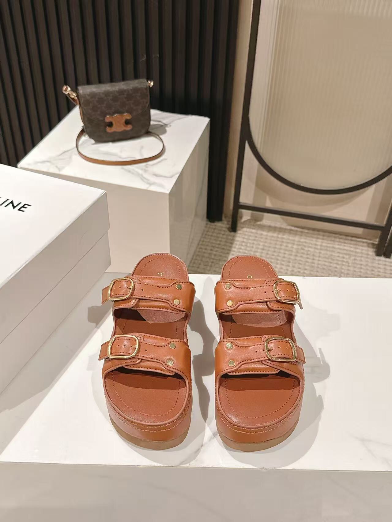 2025 Women Celine Brown Leather Platform Sandals LY00300
