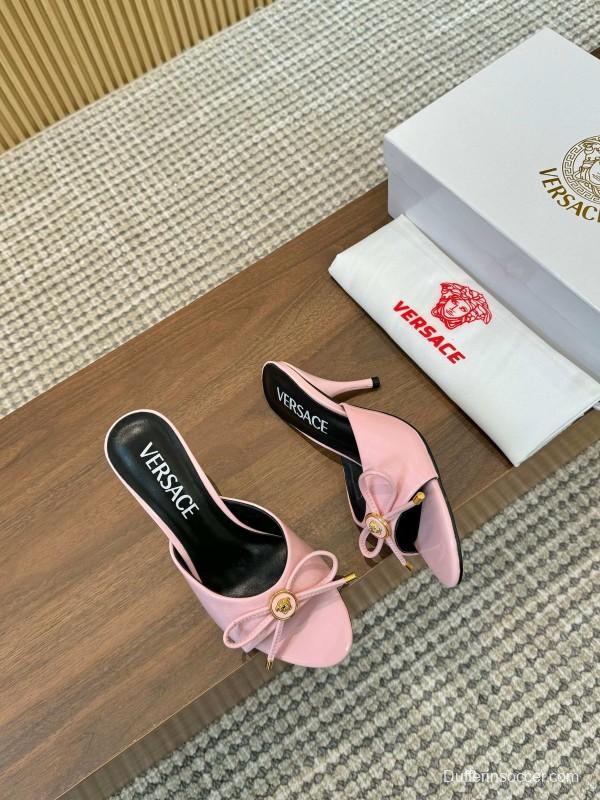 2025 Women VERSACE Pink Leather Heeled Mules LY00210