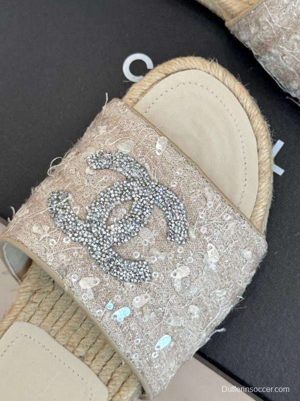 2025/Women Chanel White Lace Espadrille Slides With Sequined CC Logo KFY00240(F)
