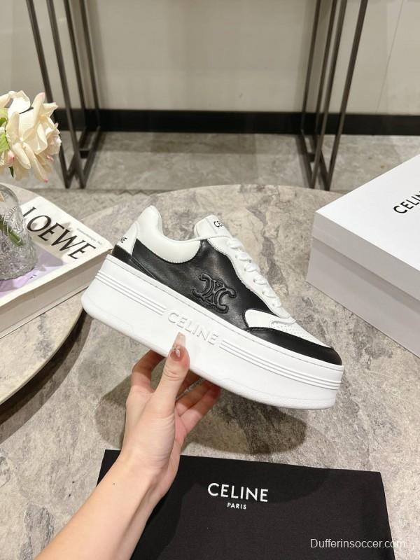 2025 Women Celine Black White Leather Platform Sneakers KFY00330