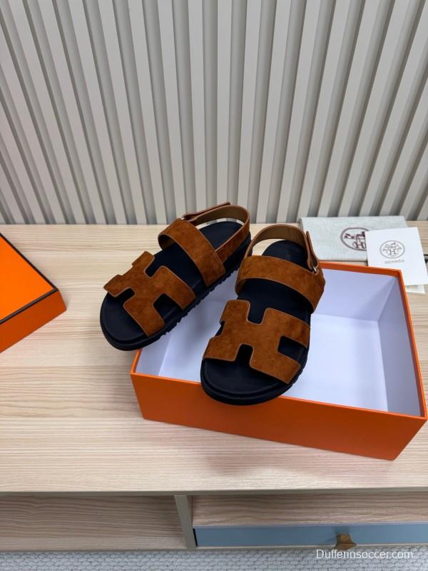 2025 Women Hermès Brown Suede Leather Sandals