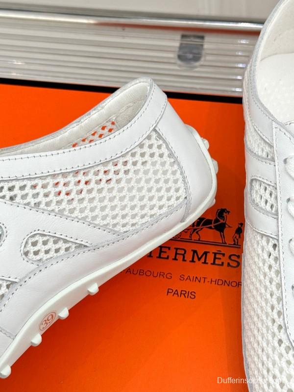 2025 Women Hermès White Mesh Leather Sneakers