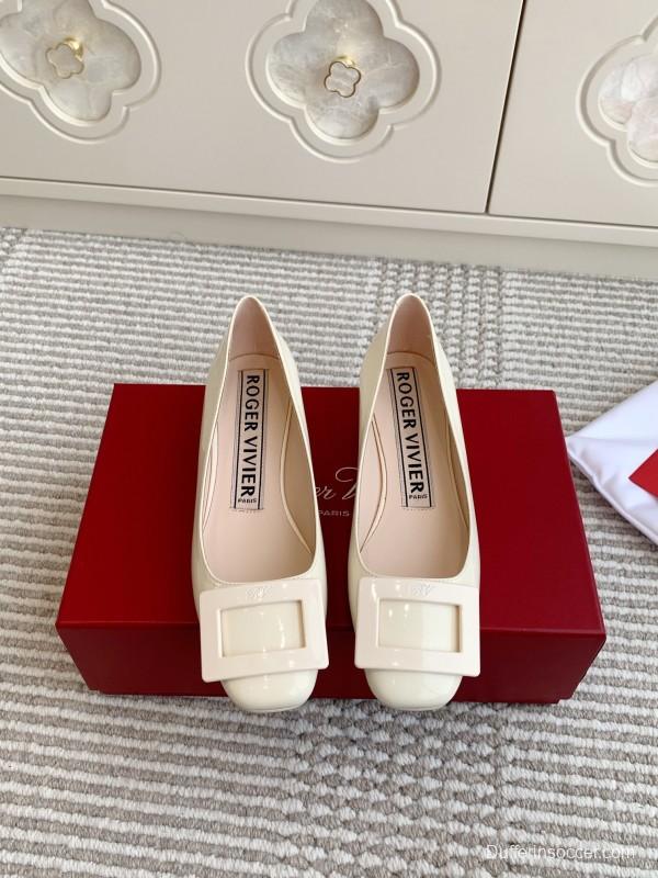 2025 Women Roger Vivier White Patent Leather Pumps Square Buckle
