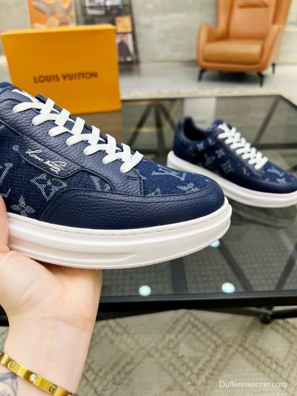 2024 Men Louis Vuitton Blue Leather Denim Sneakers MJ00400
