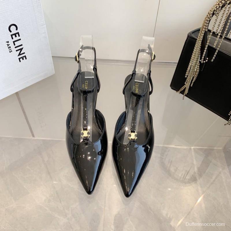 2025 Women Celine Black Patent Leather Slingback TRIOMPHE KFY00300