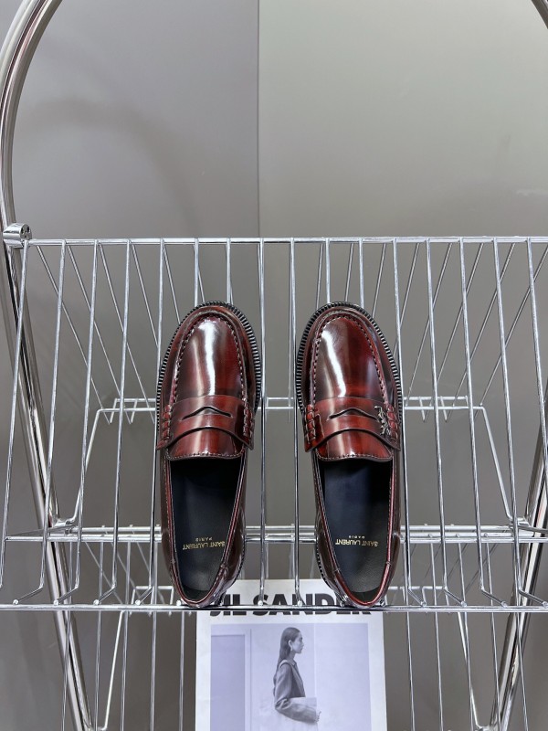2025 Women Yves Saint Laurent Burgundy Calf Leather Loafers KFY00350