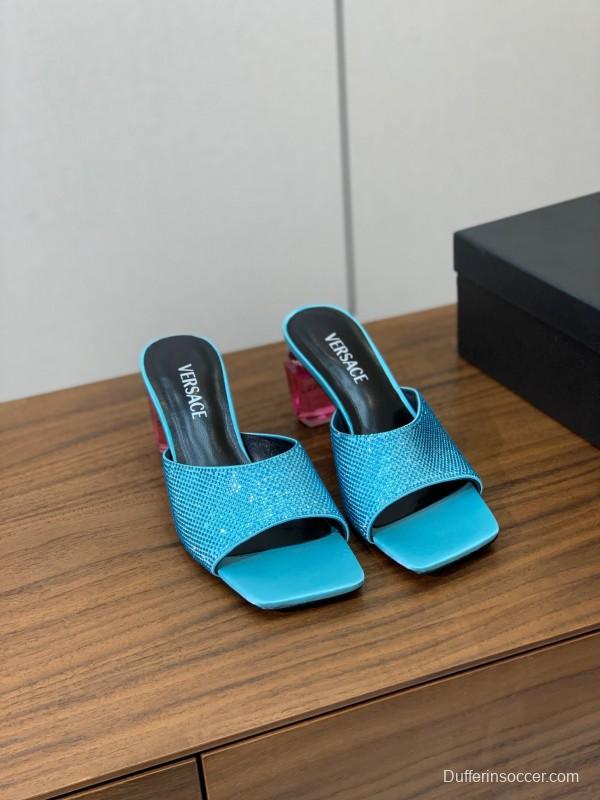 2025 Women VERSACE Blue Leather Slippers