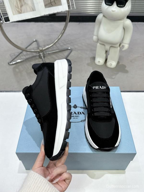 2025 Women Prada Black Leather Mesh Sneakers KFY00310