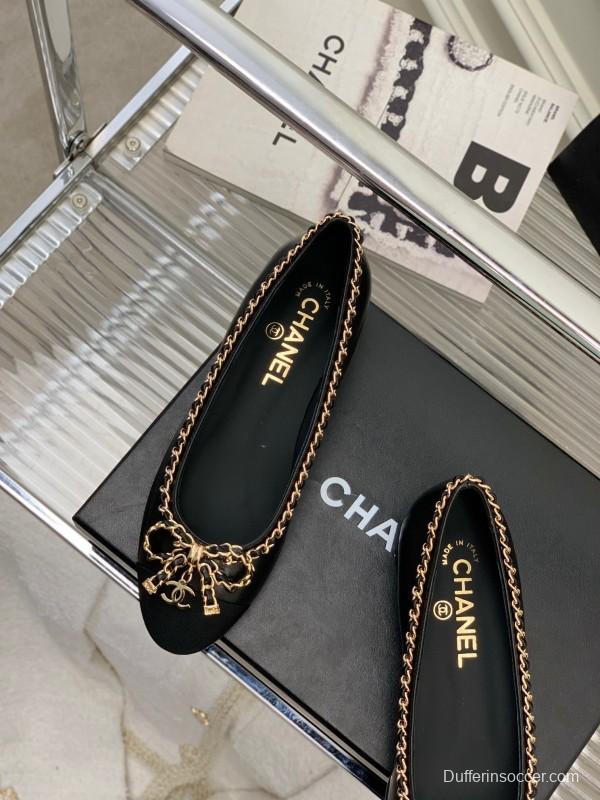 2025 Women Chanel Black Gold Leather Ballet Flats