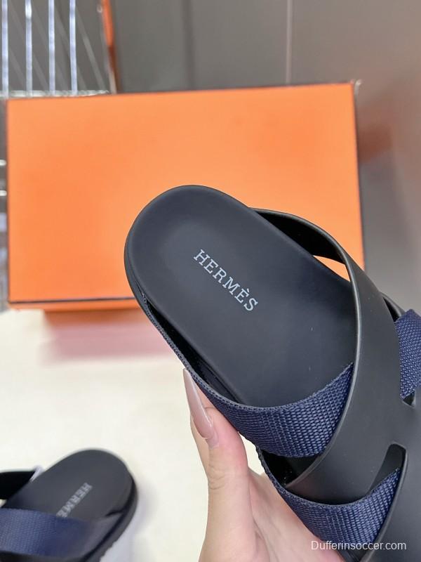 2025 Unisex Hermès Black Leather Fabric Slippers