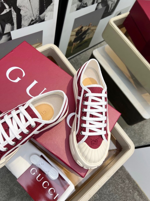 2025 Women Gucci Burgundy Canvas Rubber Sole Thick Platform Sneakers Handcrafted LY00270
