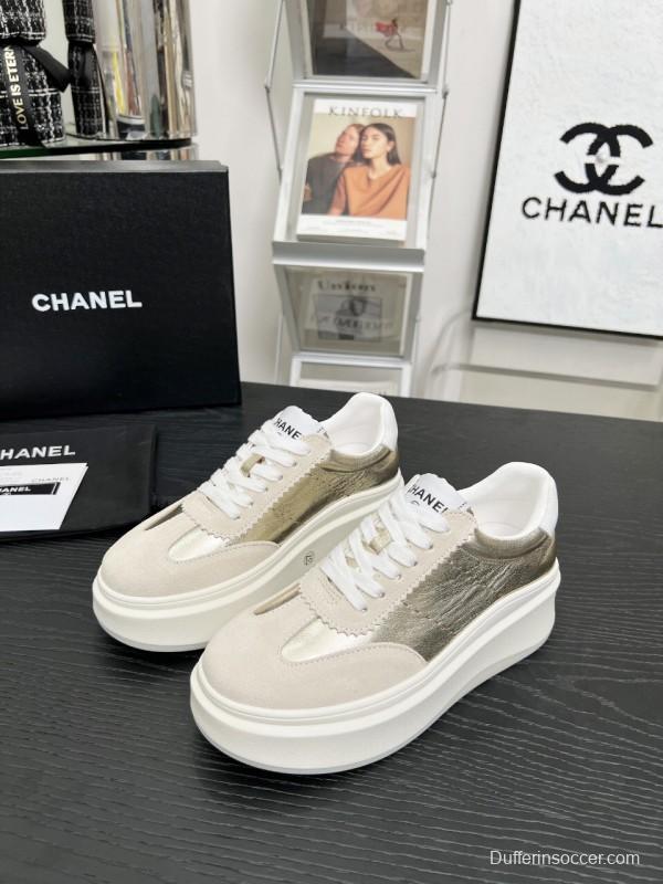 2025 Women Chanel Beige Gold Leather Suede Sneakers LY00290